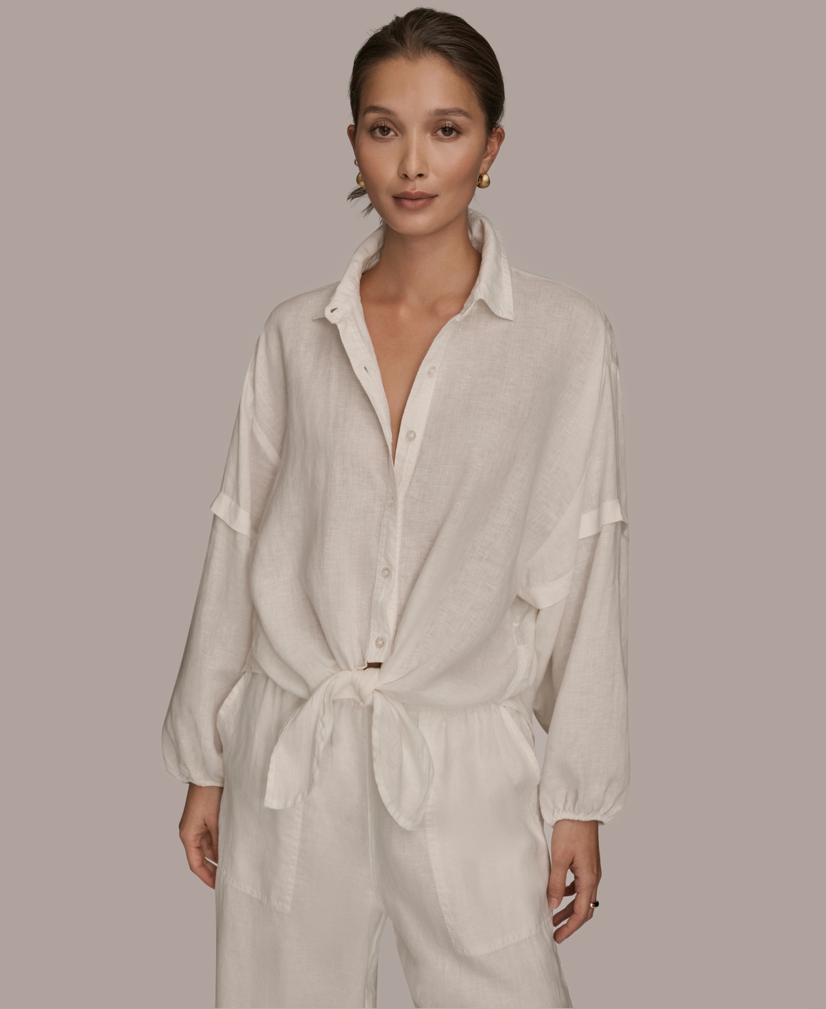 Donna Karan Weekend Women's Long Blouson Sleeve Button Adjustable Tie Shirt