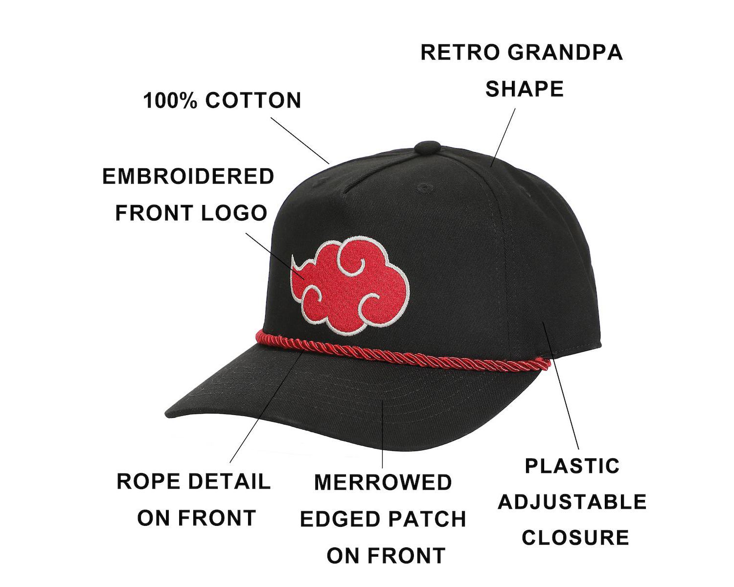 Men's Embroidered Akatsuki Cloud Black Retro Grandpa Snapback Hat