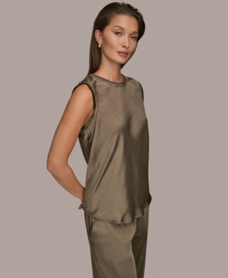 Women's Satin Sleeveless Fringe Trim Blouse