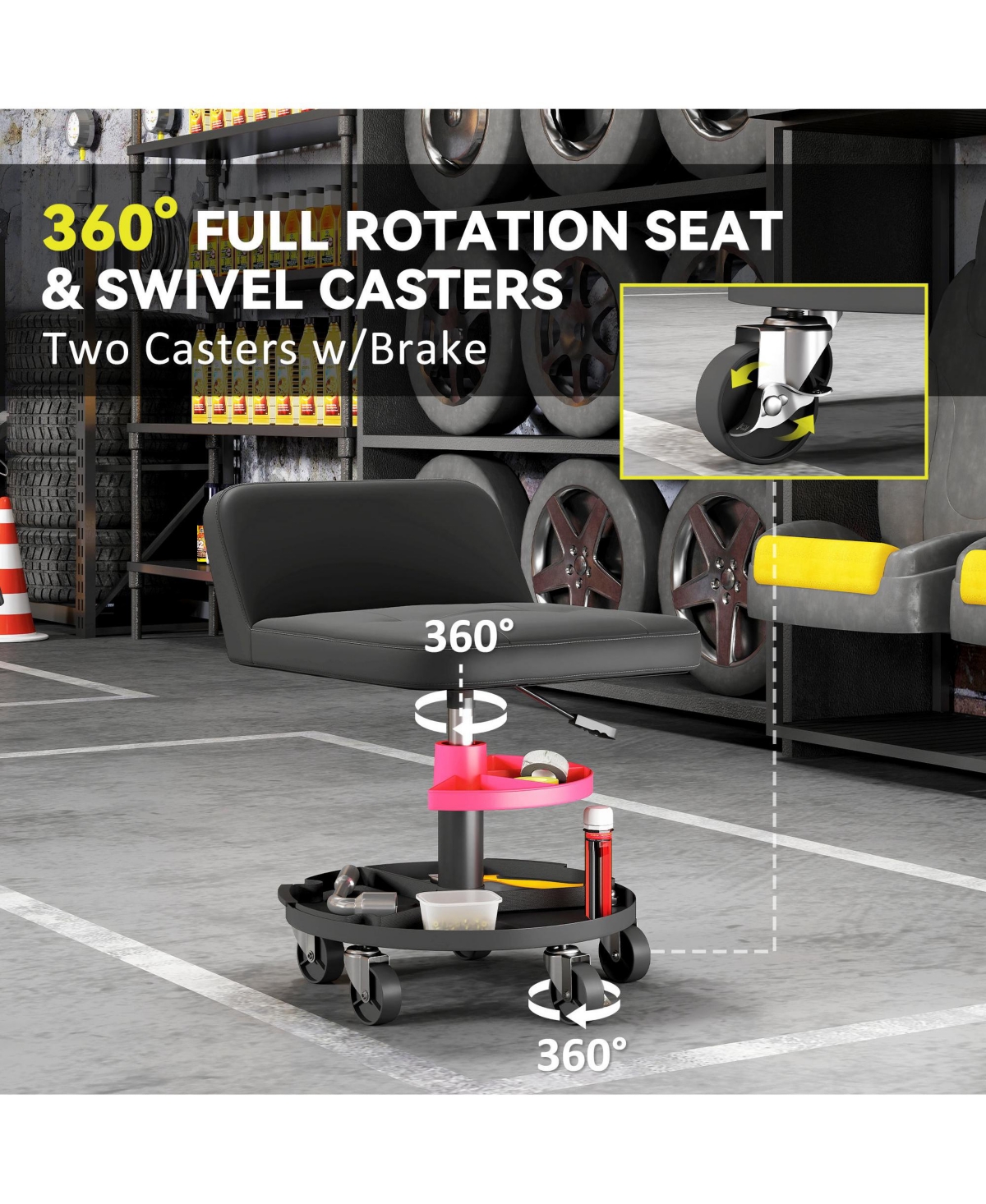 Homcom Rolling Mechanic Stool, 300 Lbs. Capacity Garage Stool,