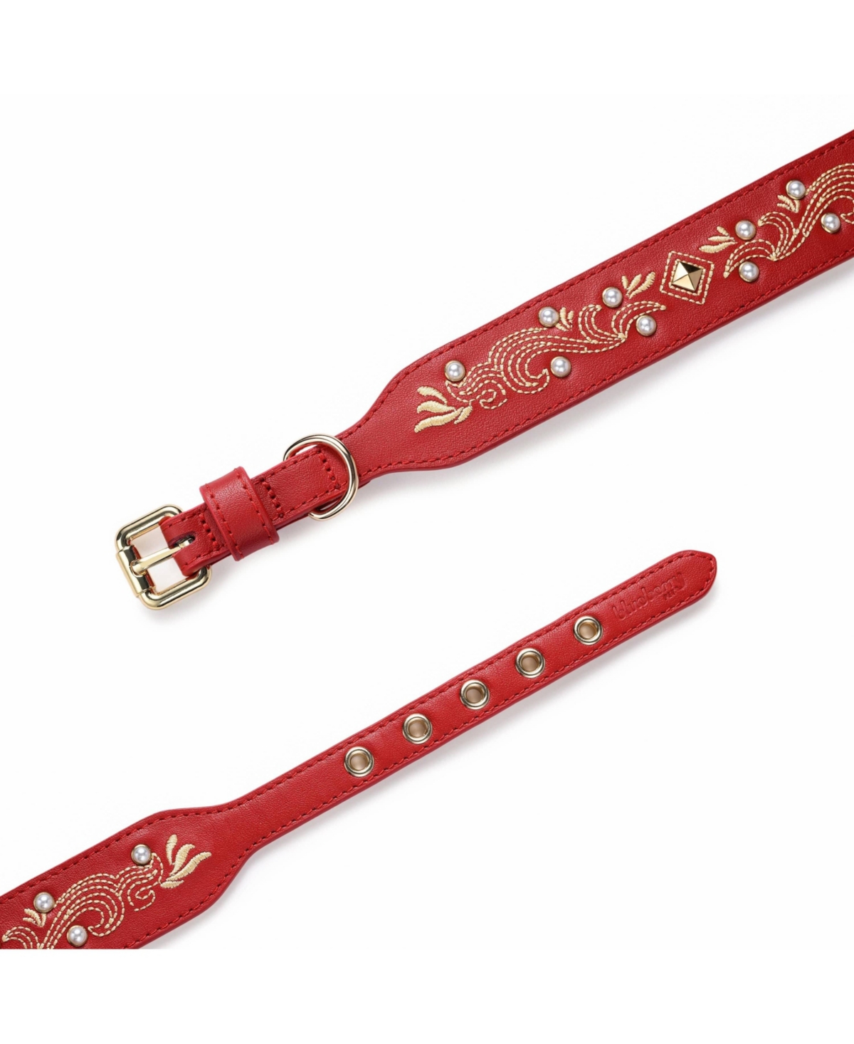 Blueberry Pet Western Style Full Grain Genuine Leather Embroidered Dog Collar with Pearl or Turquoise Studs