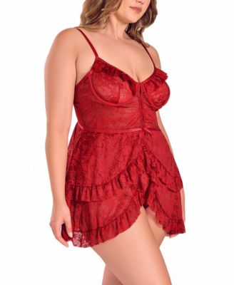 Plus Size Multi Ruffled Lace Babydoll Lingerie Set