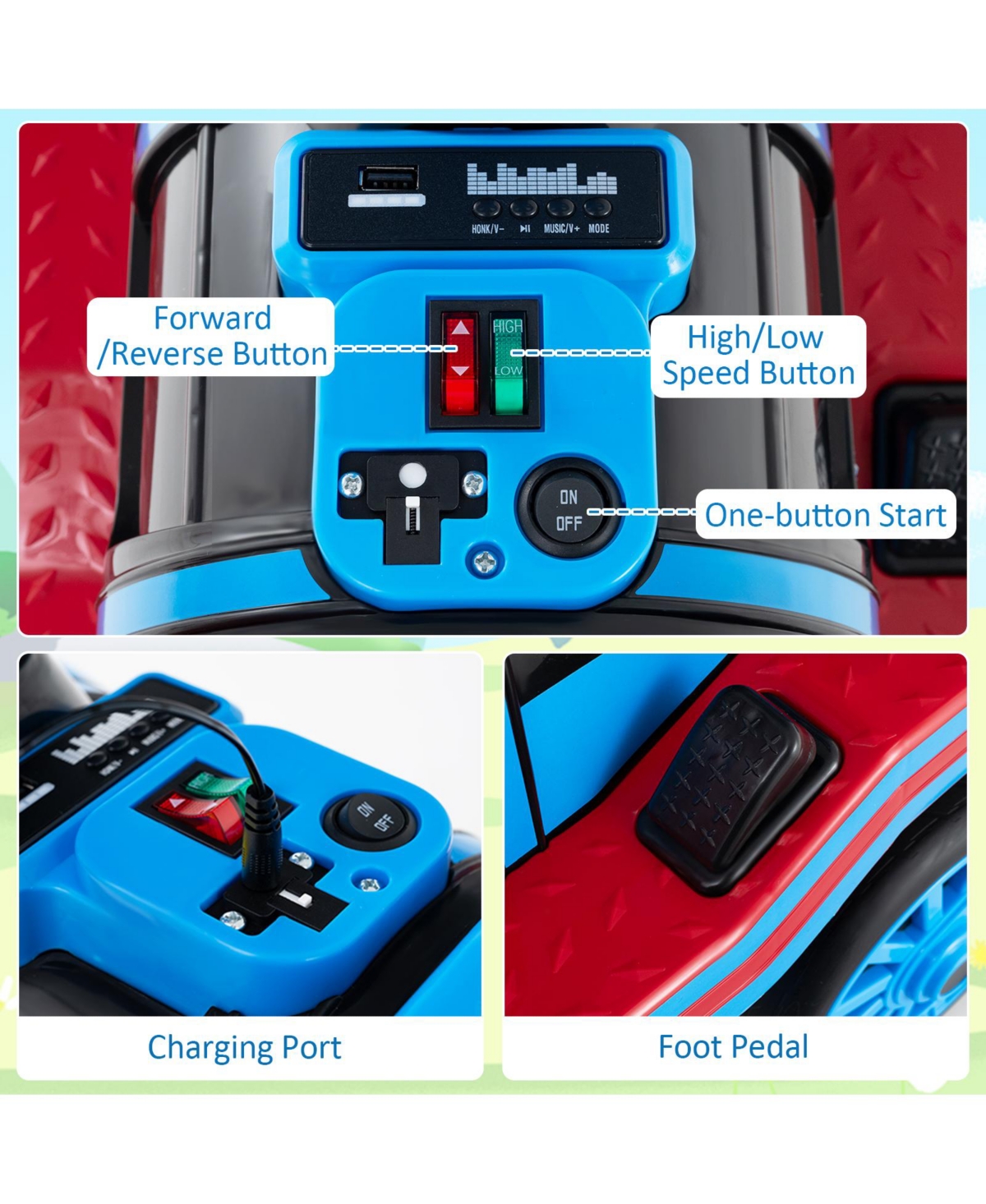 Hongge 12V Two-Seater Ride-On Train Toy with Whistle Sound and Detachable Seat - Blue