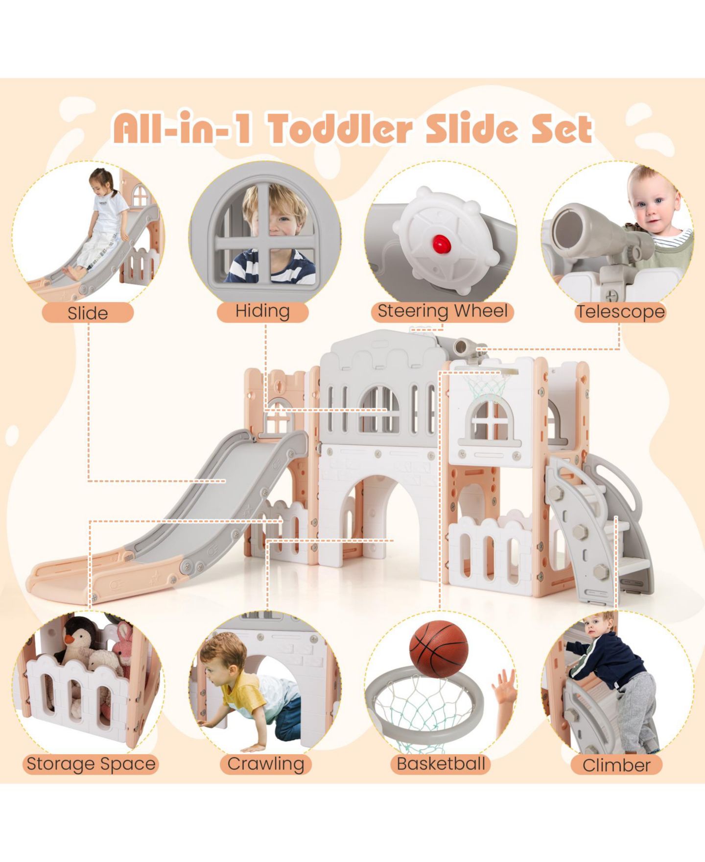 Детская игрушка HONGGE All-in-One Toddler Slide Playground with Adjustable Basketball Hoop, Ages 1-4, цвет: Colorful — фото 10
