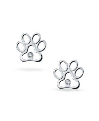 Two-Tone Paw Print Dog Tag Rose Gold Plated Pendant Necklace & CZ Accent BFF Stud Earrings Set Sterling Silver