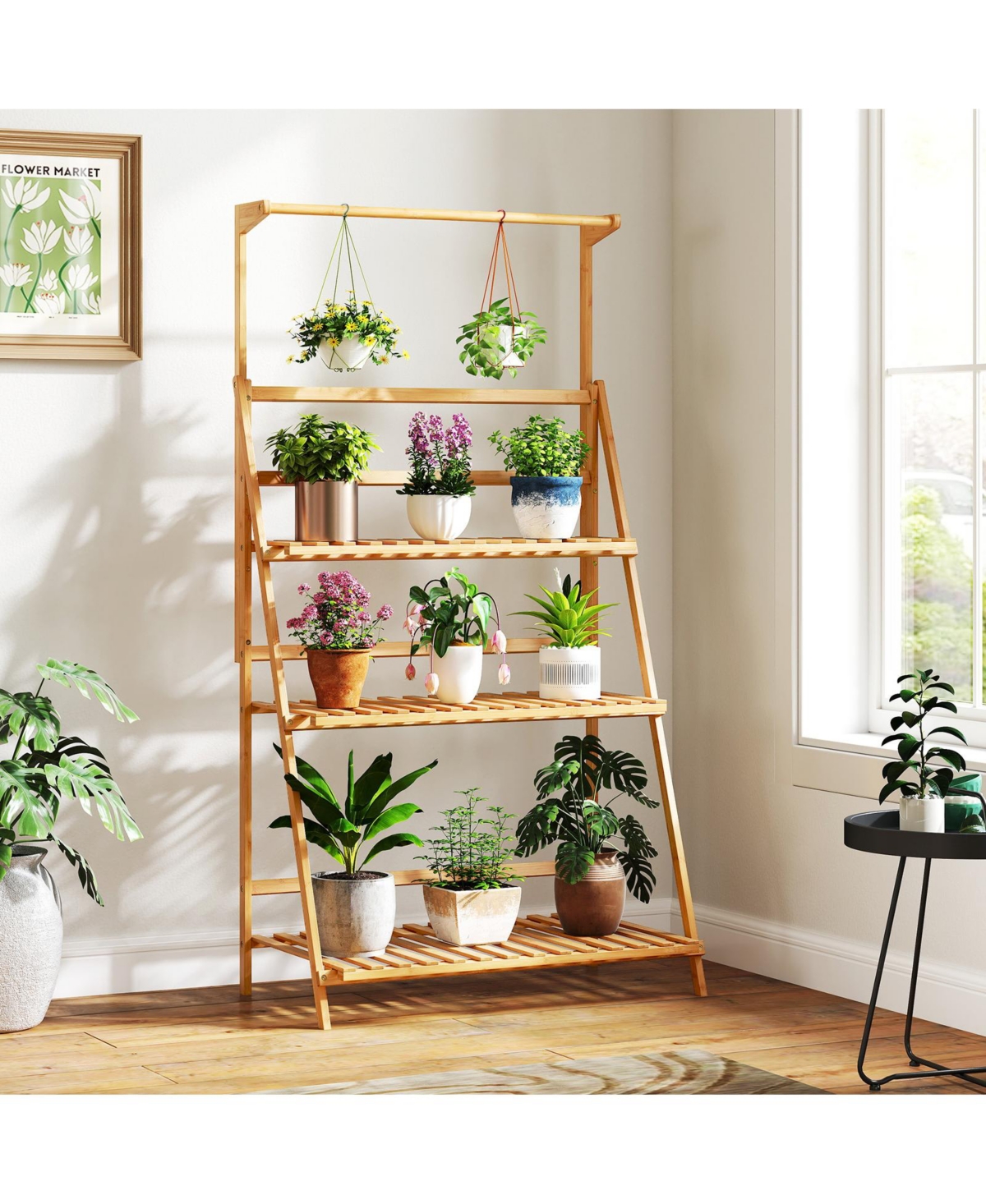 Sugift 3 Tier Bamboo Hanging Plant Stand with Height Adjustable Hanger Rod