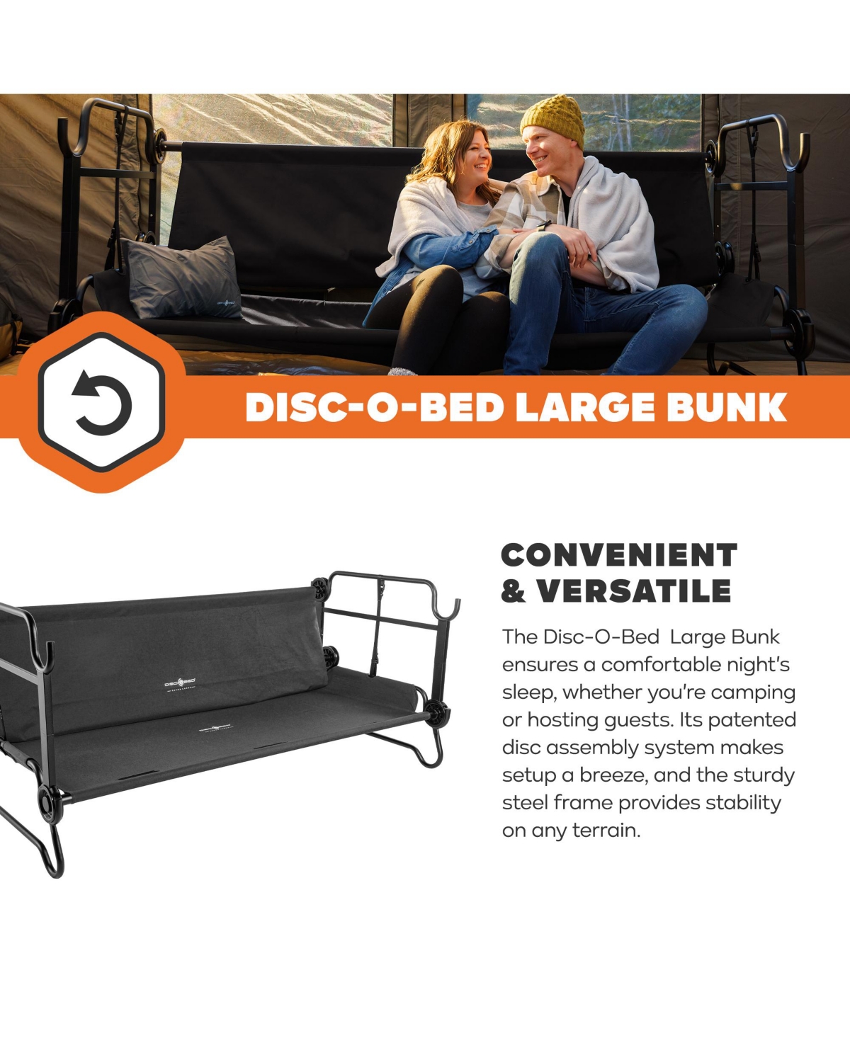 Disc-o-Bed Large Outdoor Convertible 2 Person Portable Camping Bunk Cots, Black