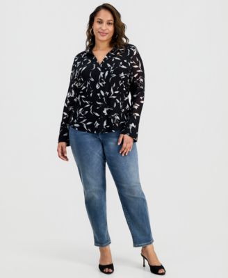 Plus Size Printed Johnny-Collar Top