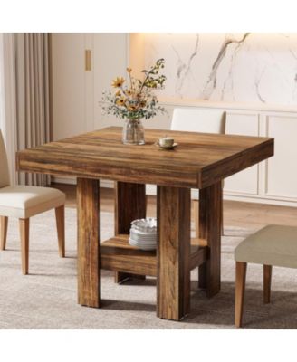 31.5" Square Dining Table for 4, Small Kitchen Table with Shelf Storage, Brown