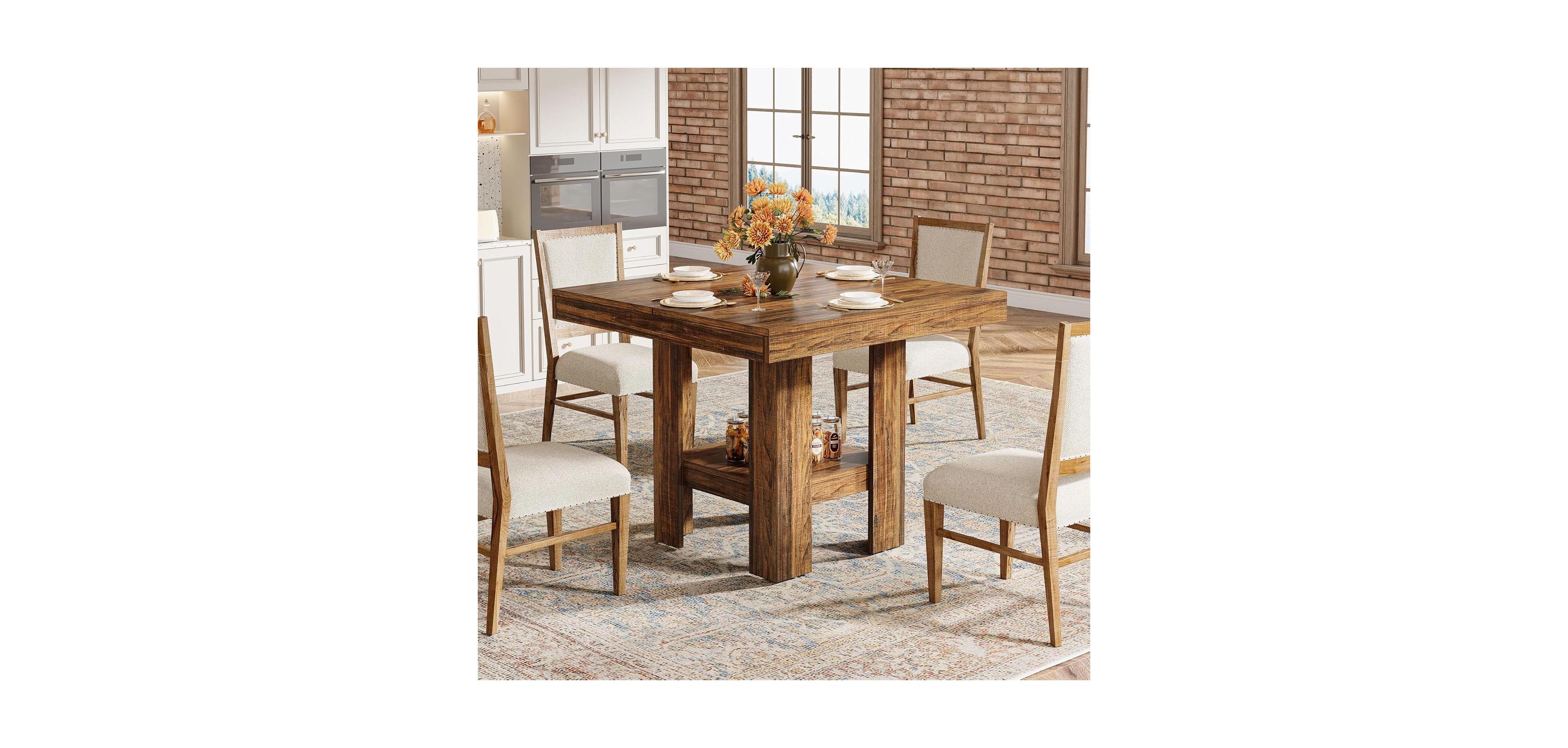 Tribesigns 31.5" Square Dining Table for 4, Small Kitchen Table with Shelf Storage, Brown