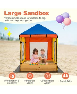 Large Wooden Sandbox with Canopy, Mesh Windows, and Bottom Liner
