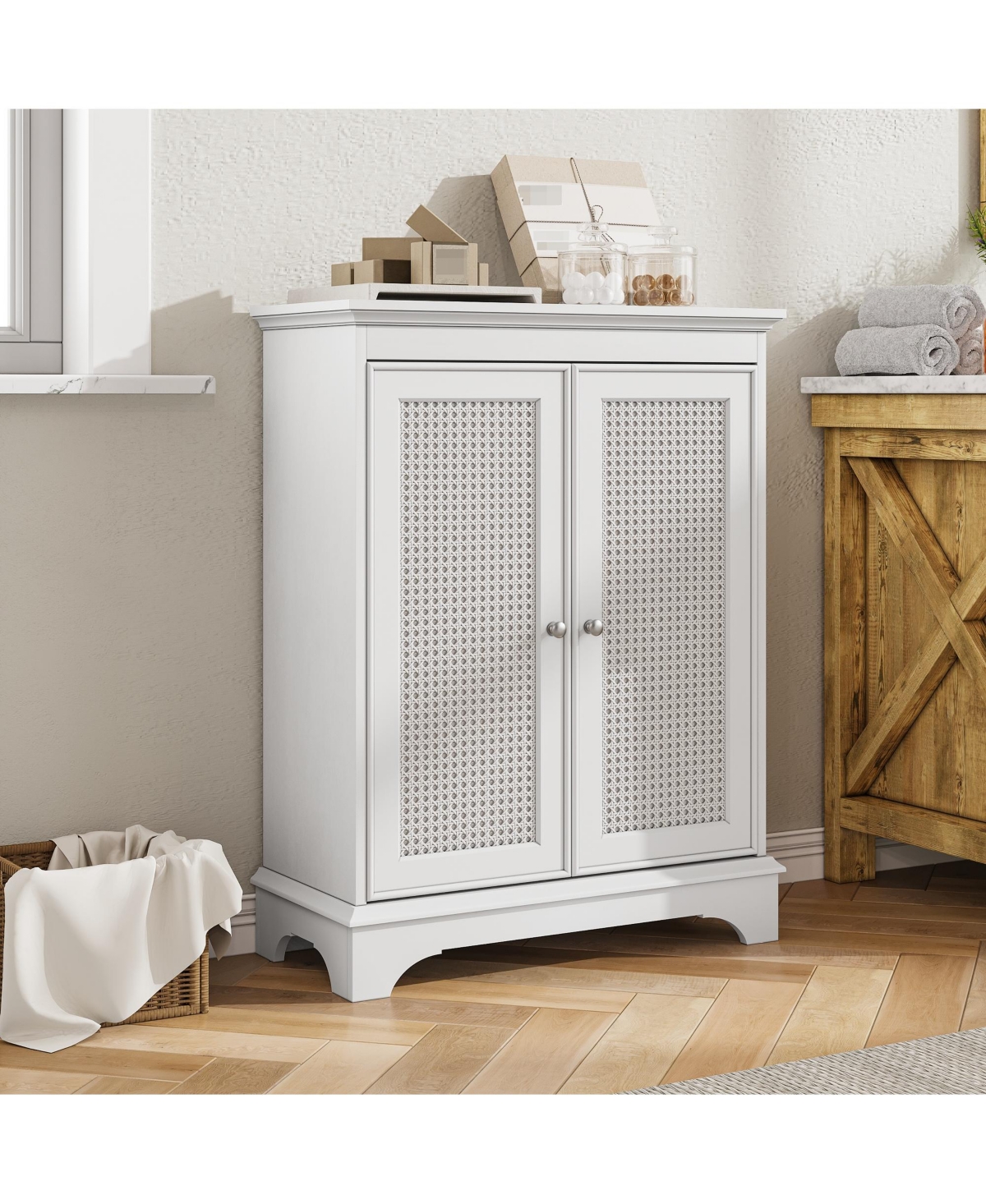 Airsurfer White Two Door Rattan Storage Cabinet with Adjustable Partition Modern Freestanding Buffet Cabinet Decorative Cabinet for Bathroom