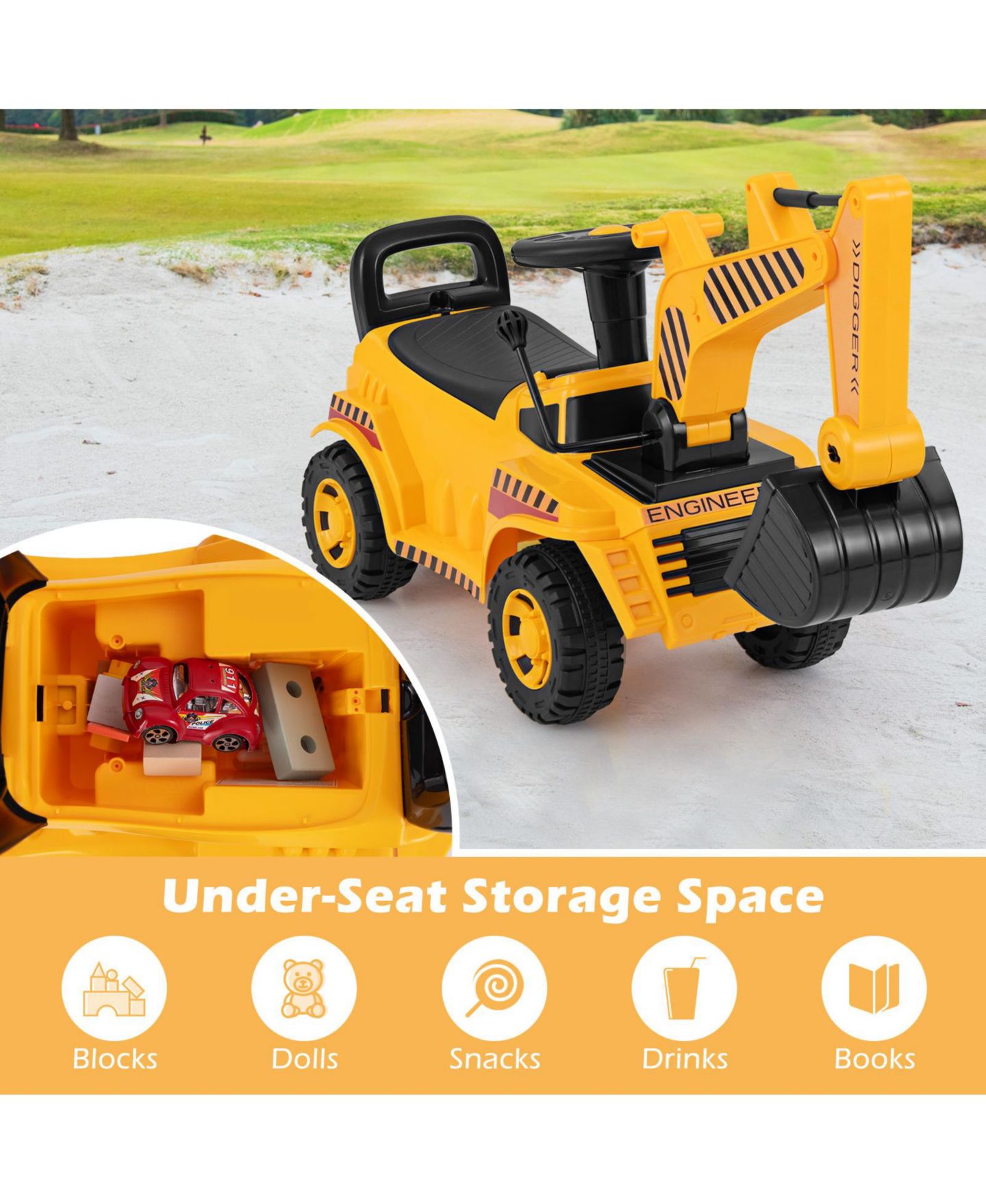Детская игрушка HONGGE Kids Ride-On Excavator Toy with Adjustable Shovel and Foot-Pedal Control, Ages 1.5+, цвет: Жёлтый чёрный — фото 7