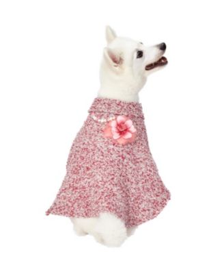 Marled Tweed Dog Poncho with Handmade Flower Accessory and Pearl Necklace