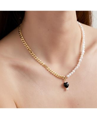 “Kuro” Necklace — Gold Chain & Freshwater Pearl Half Design Inspired by Japanese Kimono