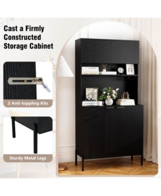 64.5” Kitchen Pantry Cabinet with Charging Station Wine Glass Rack Adjustable Shelf