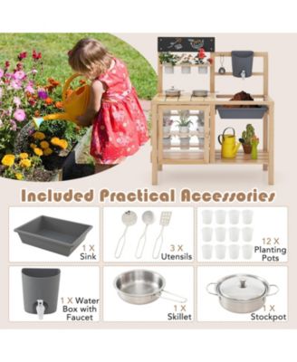 Outdoor Wooden Mud Kitchen Playset with Sink and Plant Observation Area - Natural