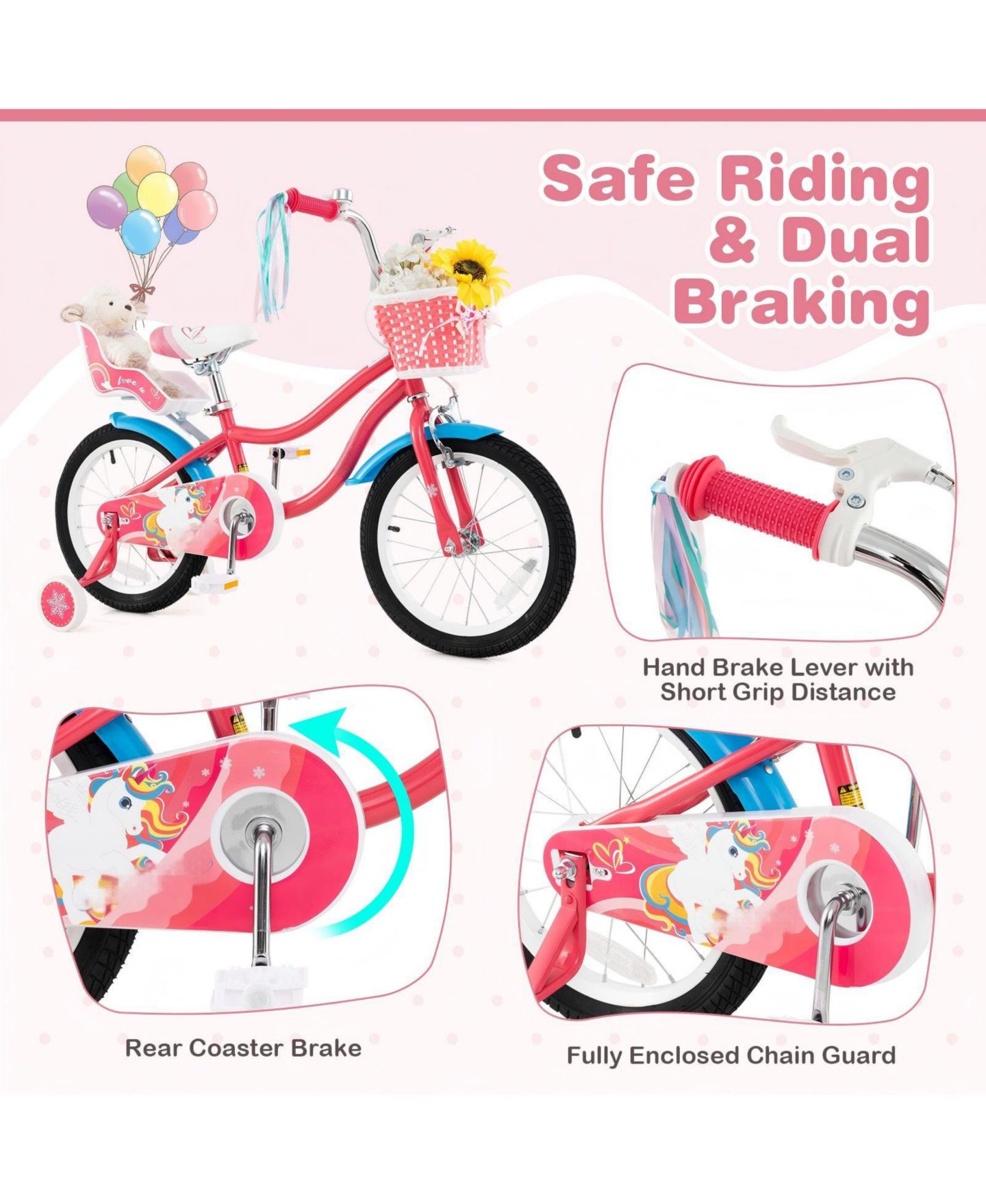 Детская игрушка HONGGE 16-Inch Girls Bike with Training Wheels and Doll Seat, Ages 4–7, цвет: Розовый — фото 9