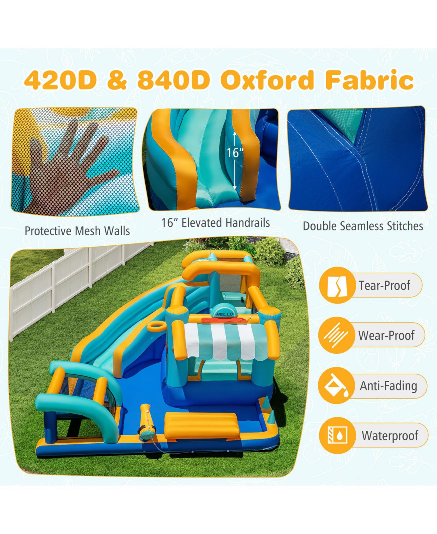 Детская игрушка HONGGE Inflatable Water Slide Bounce House with Ice Cream Theme, Splash Pool and 750W Blower, Ages 3+, цвет: Colorful — фото 8