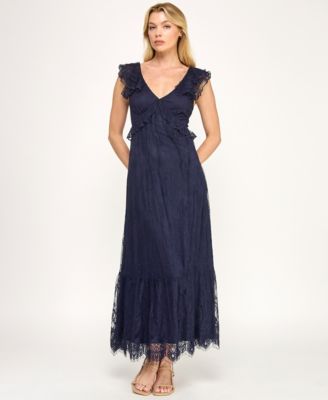Juniors' V-Neck Ruffle Bust Lace Midi Dress