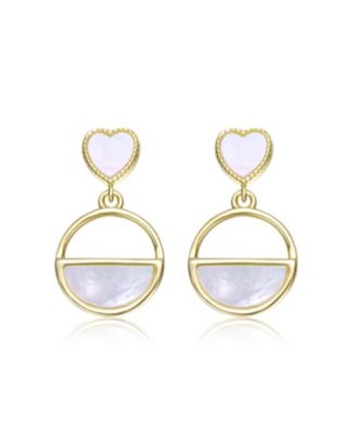 Rachel Glauber 14K Gold Plated With White Mother of Pearl Heart & Circular Drop Earrings