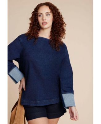 Women's Plus Size Cuffed Sleeve Denim Top