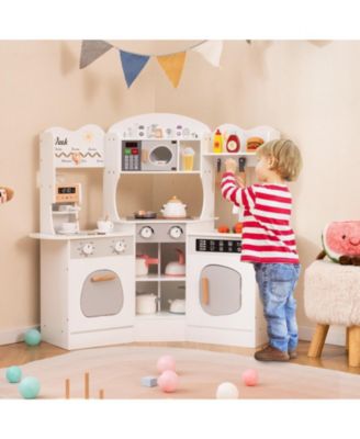 Corner Wooden Play Kitchen with Coffee Maker, Sink, and Slide for Kids - White