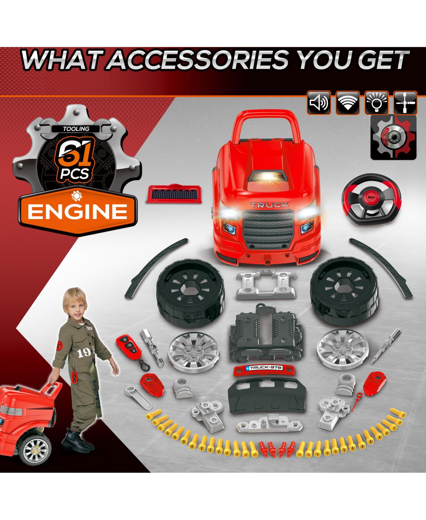 Детские игрушки Qaba Mechanic Kids Truck Engine Interactive Toy Set, 61-Piece, Ages 3+ — фото 5