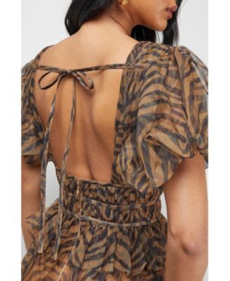 Women's Zebra Print Tulle Ruffle Maxi Dress