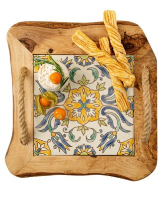 Tunisian Tile Olive Wood & Ceramic Serving Tray