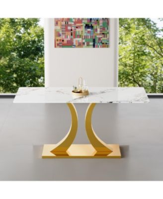 Streamdale Transformable Stainless Steel Gold Base Dining Table, 63"x35", White Glass Top