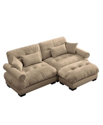 Camel Oversized Modern Velvet Two-Seater Sofa with Ottoman and Pillows