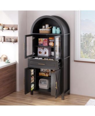 Streamdale 71" Arched Kitchen Pantry Cabinet with Glass Door, Black