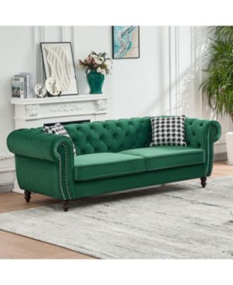 Chesterfield Velvet Sofa with Roll Armrest & Nailhead, Green