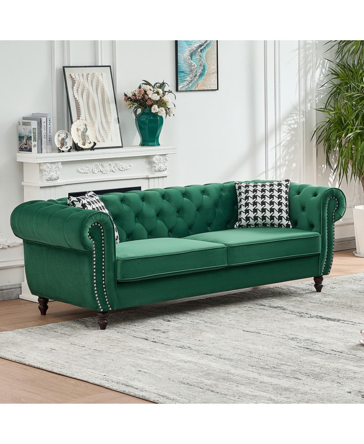 Streamdale Furniture Chesterfield Velvet Sofa with Roll Armrest & Nailhead, Green