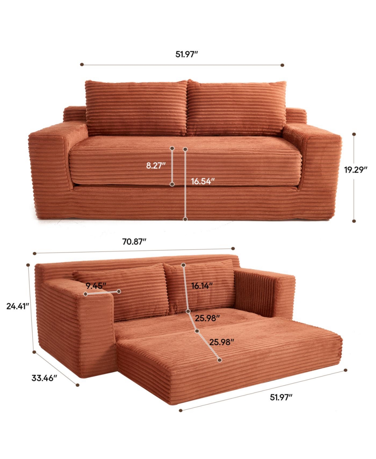 Streamdale Furniture Streamdale Orange Corduroy Loveseat Sofa with Memory Foam & Steel Frame - Convertible 2-in-1 Design