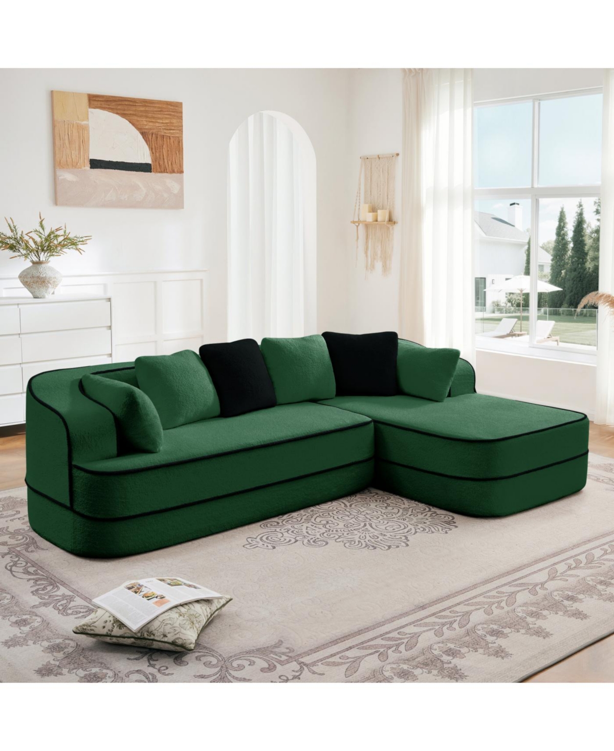 Streamdale Green Teddy Fabric L-Shaped Chaise Sofa - No Assembly, Fluffy Comfy Couch