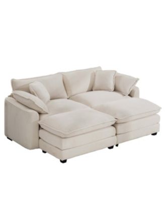 Corduroy Two-Seater Sofa with 2 Footrests/Ottoman, Light Beige