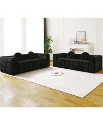 Modern Boneless Couch with Two Circular Throw Pillows, Checkered Design