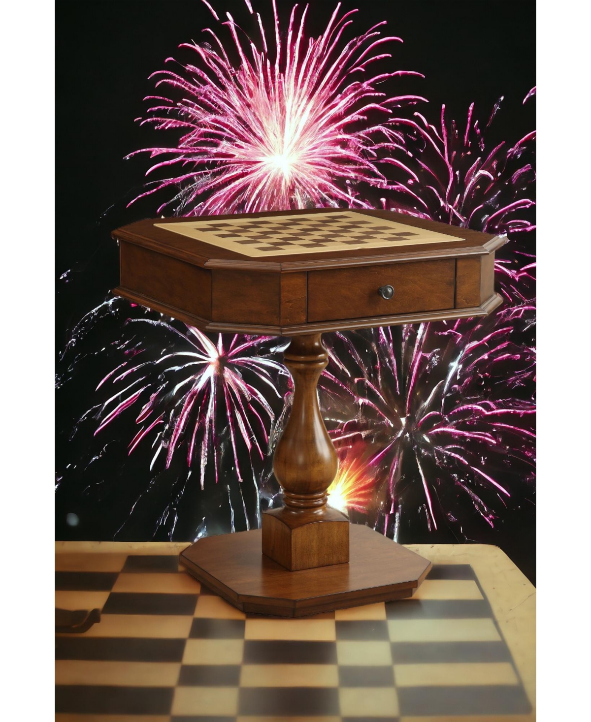 Flynama 20" Cherry-Finish Reversible Game Table with 3-in-1 Chess, Checkers & Backgammon Tray and Storage Drawers