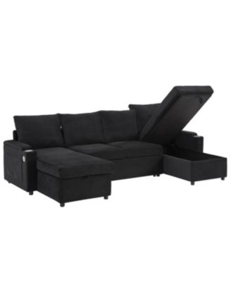 Streamdale Convertible U-Shaped Sectional Sofa with Storage, Cup Holders & USB Ports, Black