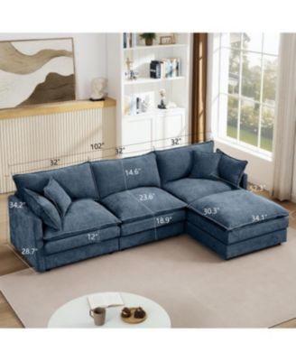 Modular Sectional Sofa, 102 Inch L-Shaped Couch Set, 3-Seater Comfy Cloud Couch with Ottoman, Blue