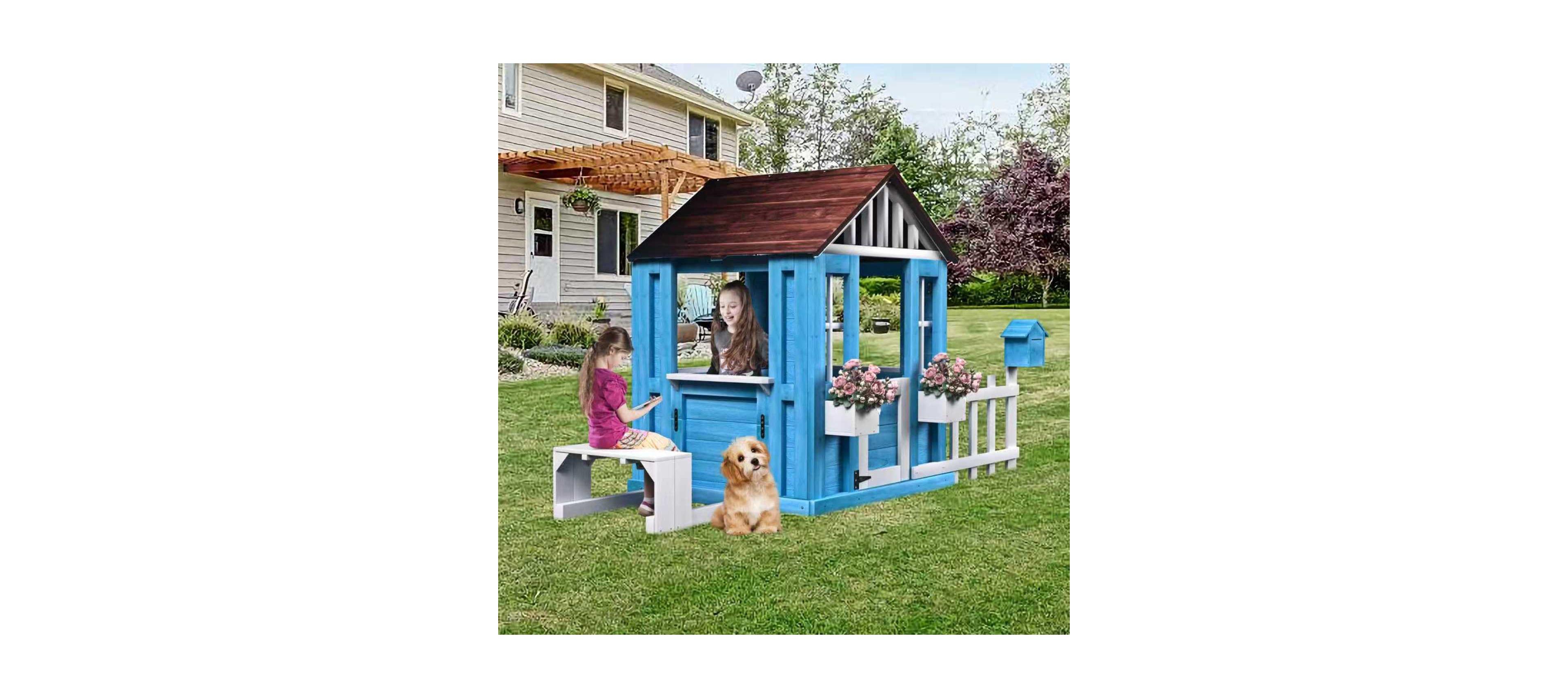 Streamdale Outdoor Wooden Kids Playhouse w/Picnic Bench, Mailbox, Fence, Flowerpot Holders