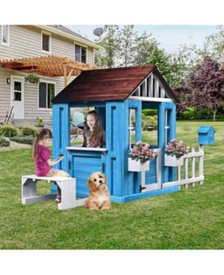 Outdoor Playhouse, Wooden Kids Play House w/Picnic Bench, Half Door, Windows, Mailbox, Fence, Flowerpot Holders, Cottage Playhouse for Backyard, Garden, Lawn, Patio, Gift for Boys Girls