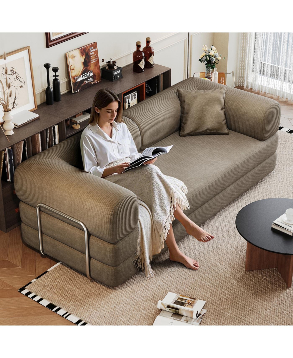 Streamdale Furniture Camel Corduroy Compression Sofa, Convertible Floor Sofa Bed with Pillow Back Support