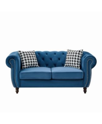 67" Chesterfield Velvet Sofa with Roll Armrest & Nailhead, Mid Century Modern Couch, Blue