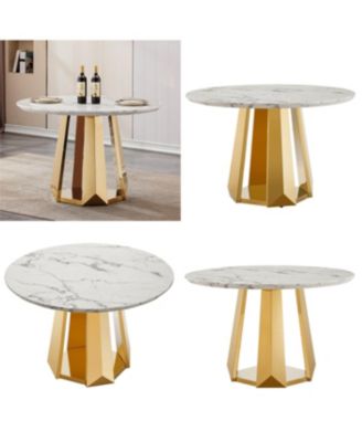 Round Marble Dining Table with Stainless Steel Base (Gold, White)