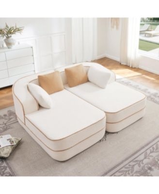 White Teddy Fabric Boneless Sofa with Double Chaises and Contrast Color Design