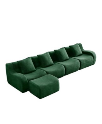 L-Shaped 4-Seat Boneless Sofa, Teddy Fabric, No Assembly, Curved Armrest, Green