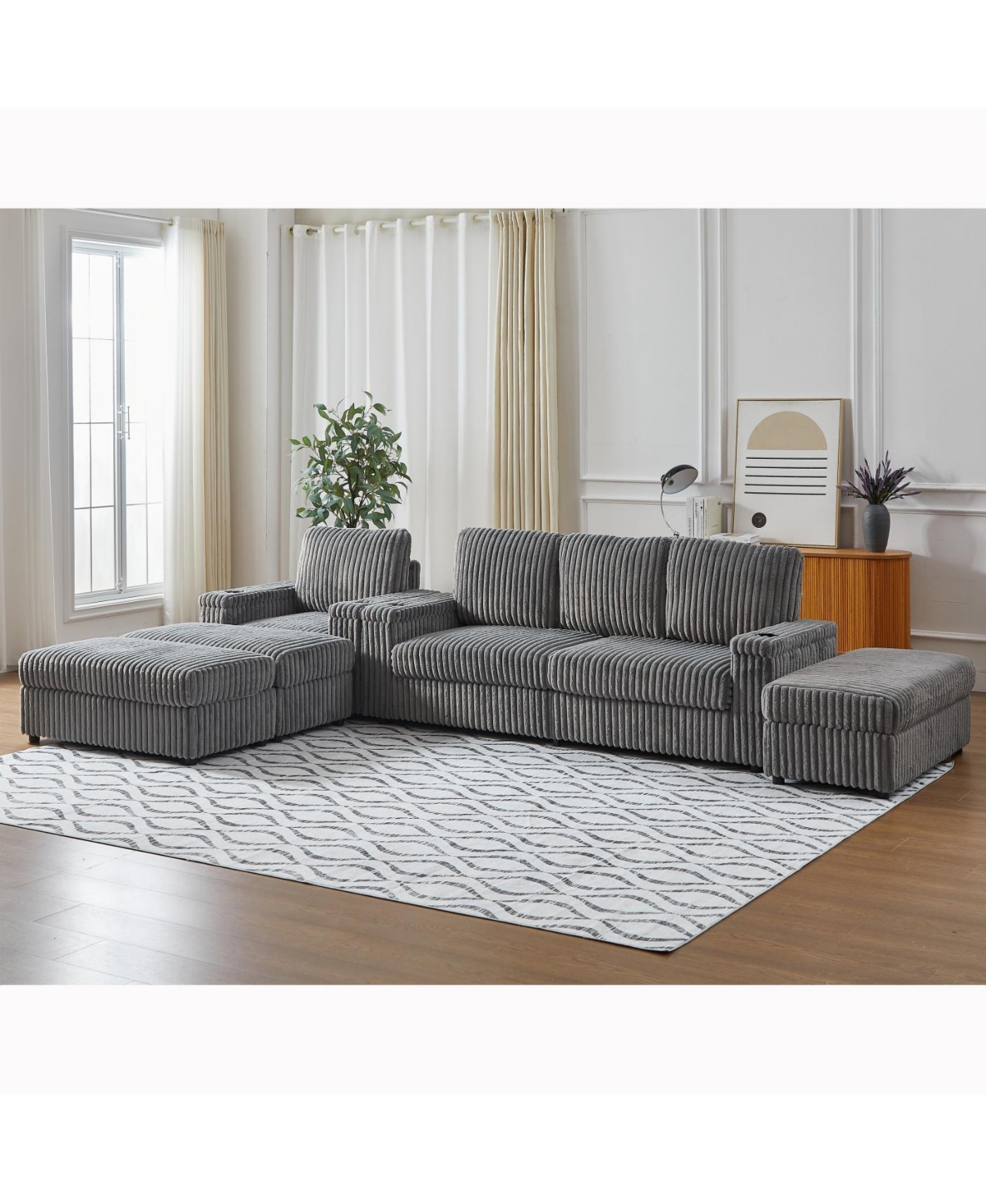 Streamdale Corduroy 3-Seater Sofa with Cup Holders for Living Room